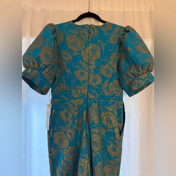 NWT Happy x Nature by Kate Hudson Teal & Gold Brocade Puff Sleeve Jumpsuit - Picture 15 of 15